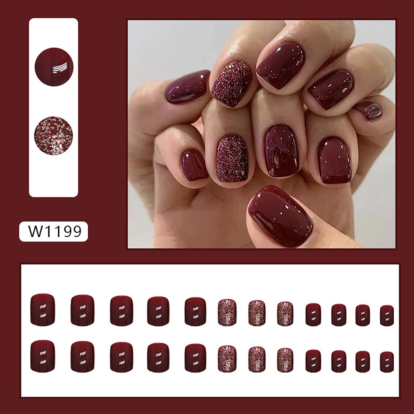Wine Red Press on Nails Short,RTKHFZE Square Fake Nails Glossy Solid Color False Nails with Glitter Design 24Pcs Acrylic Nails for Women Full Cover Stick on Nail