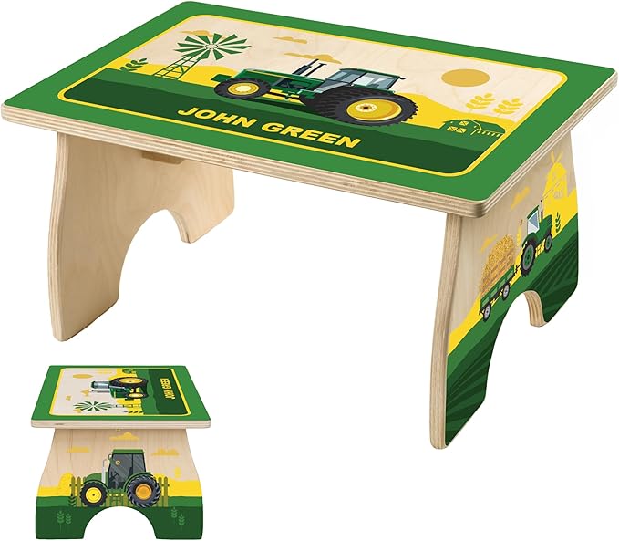 Tractor Step Stool for Toddlers- Personalized Wood Kids Step Stool with Name for Kitchen Sink, Bathroom, Potty Training, Toilet, Kitchen Sink- Sturdy and Safe- Made in USA by BloomOwl (Tractor)