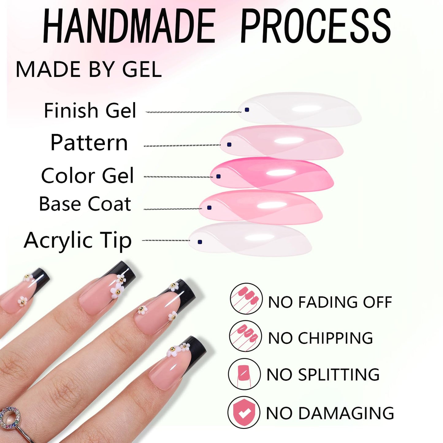 WAFOLOZE Black French Tip Press On Nails - Long Press On Nails Square Fake Nails with Small White Flowers, Artificial Nails 16 Sizes - 32Pcs False Nails Tips Kit, Stick On Nails for Women