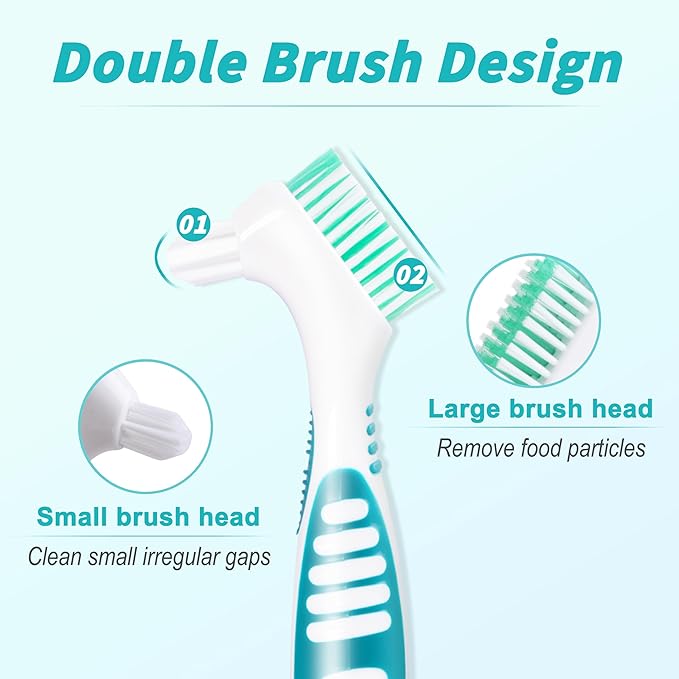 TaShow 6 Pcs Denture Brush Set for False Teeth, Denture Toothbrushes with Double Sided Design, Denture Cleaning Brush with Multi-Layered Soft Bristles and Rubber Anti-Slip Handle, 4 Colors