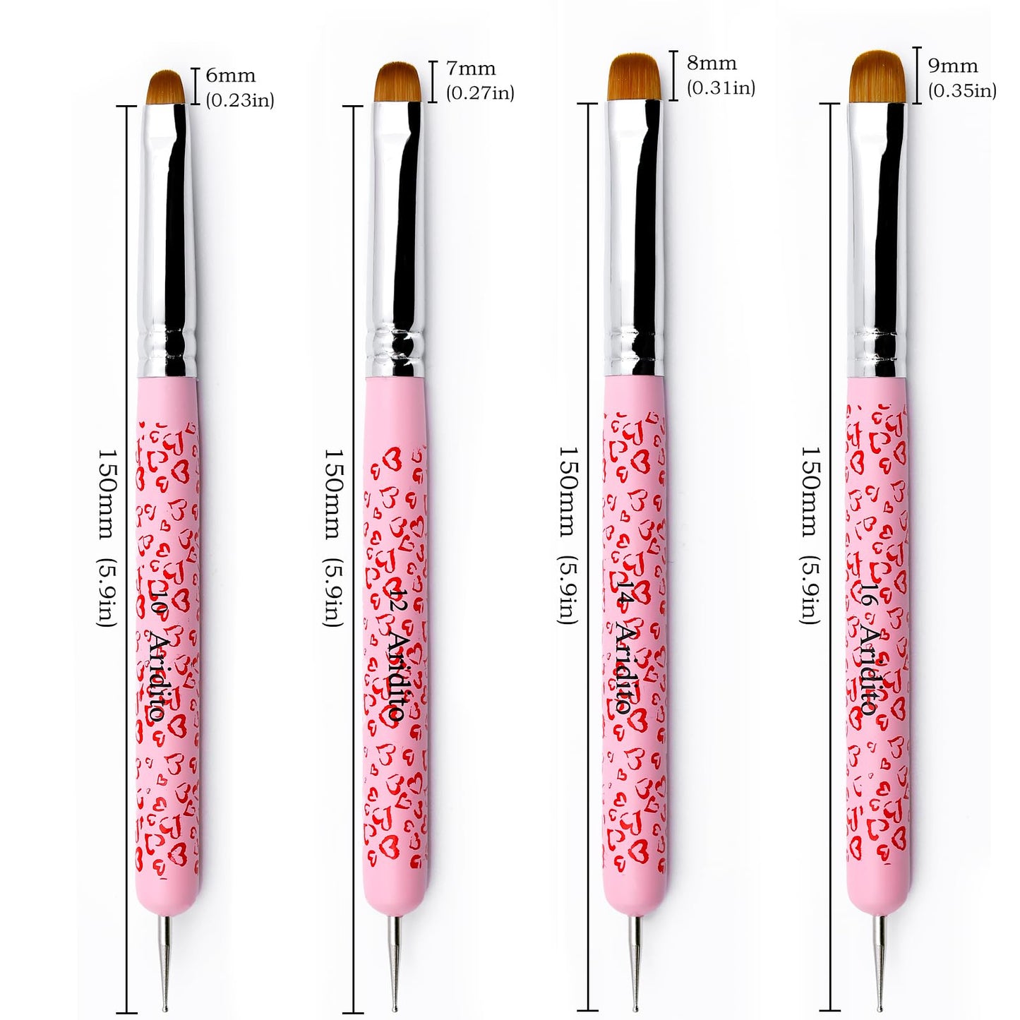Aridito 4Pcs Professional Acrylic French Manicure Clean-Up Brushes & Dotting Pens - Pink Heart Handles, Precision Tips (#10#12#14#16) for Nail Art, Cuticle Care (pink)