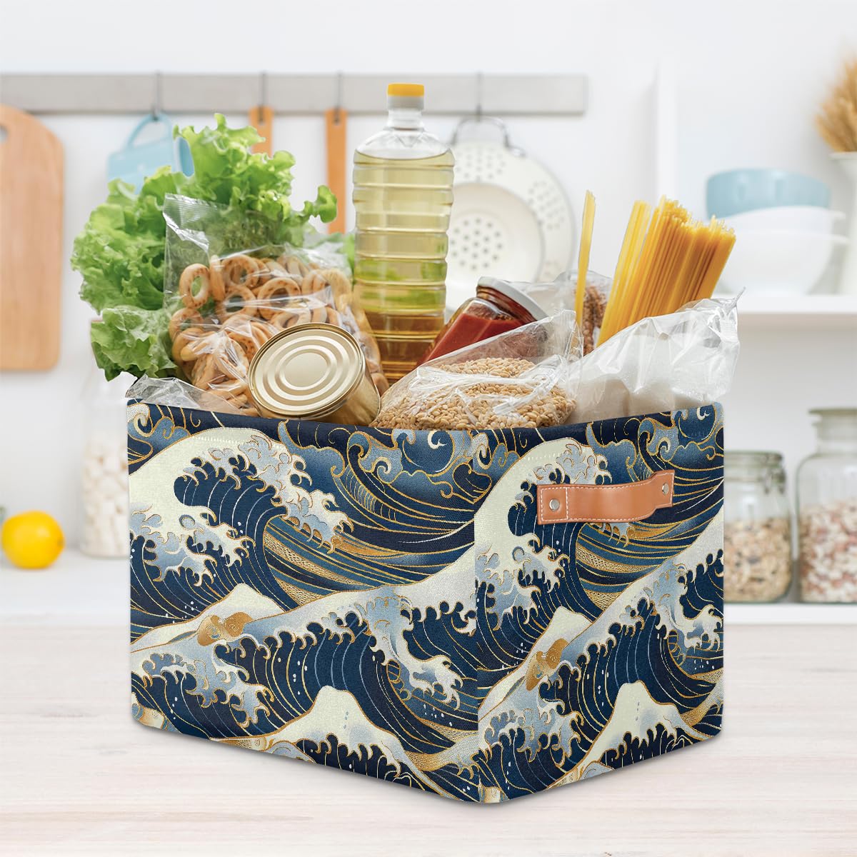HSYOYO Ocean Waves Japanese Storage Basket with Handles Collapsible Storage Bins Rectangular Toy Storage Organizer Box Fabric Shelf Baskets for Nursery Bedroom Bathroom 1PC