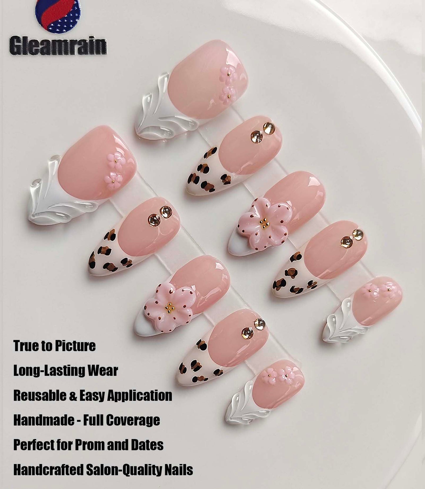 Gleamrain Handmade Press on Nails Almond Shape M Size/Gleamrain Luxury Medium Hand Made Nails with Design for Women 10Pcs by P08