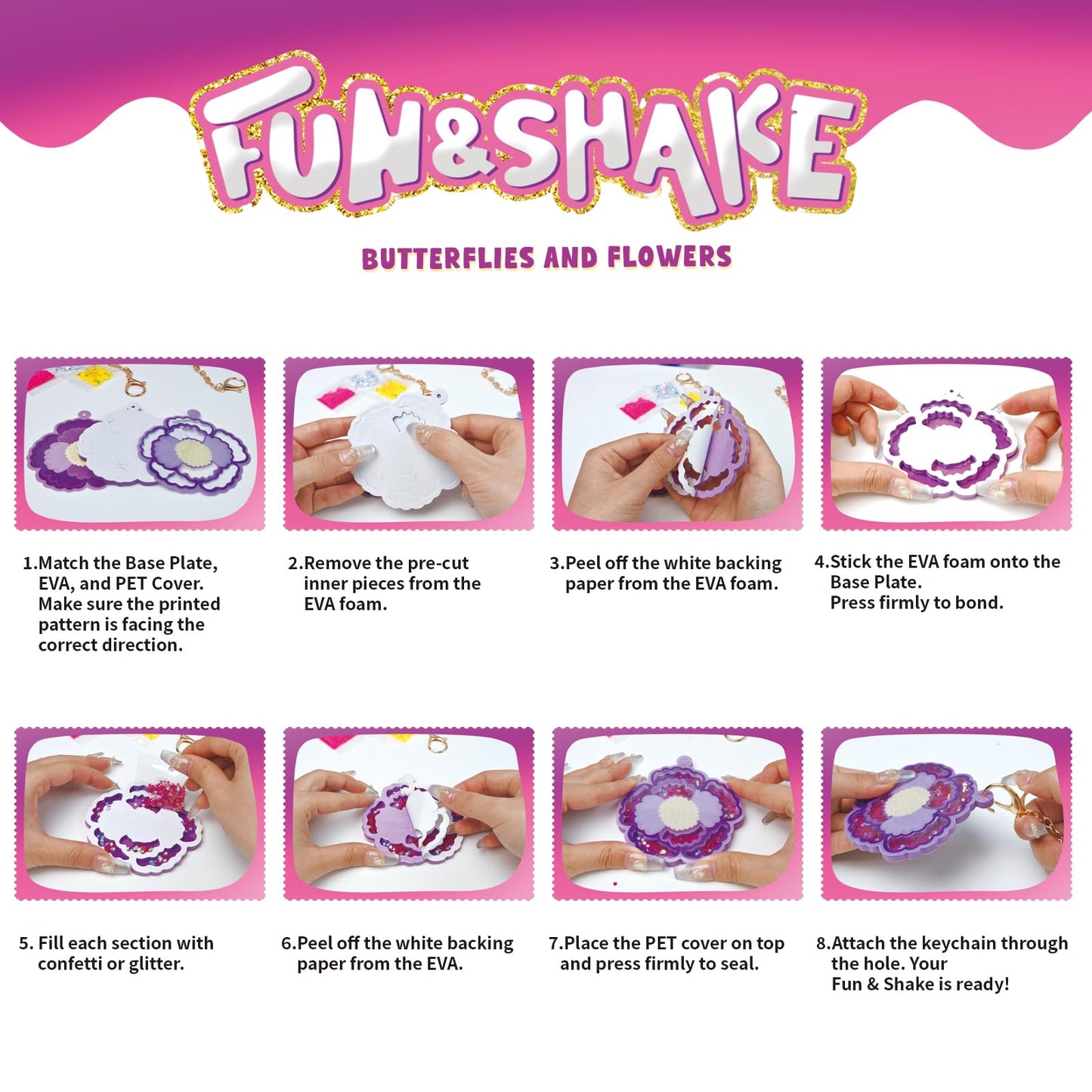 Artnedu Shake-its– Fun&Shake Kit de artesanato com Glitter para crianças, artes e artesanato DIY com chaveiros,Flowers & Butterflies,Creative Gift for Girls & Boys Ages 4, 5, 6, 7, 8, 9, 10