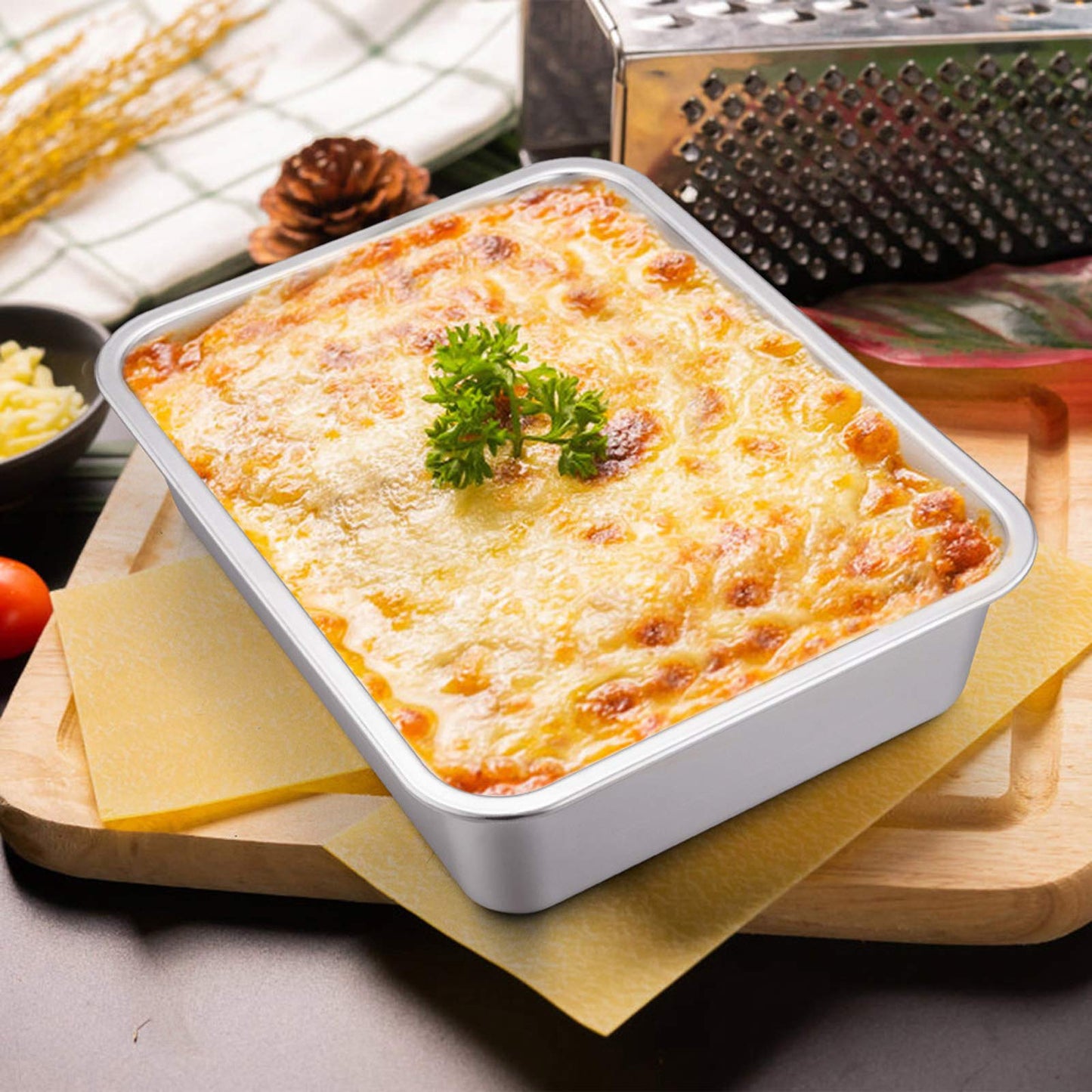 Lasagna Pan Set of 2, E-far Rectangular Deep Cake Baking Pans, Small Roaster Baking Dish Stainless Steel, 10.6x8.3x3.2 Inches, Non-Toxic & Heavy Duty, Dishwasher Safe