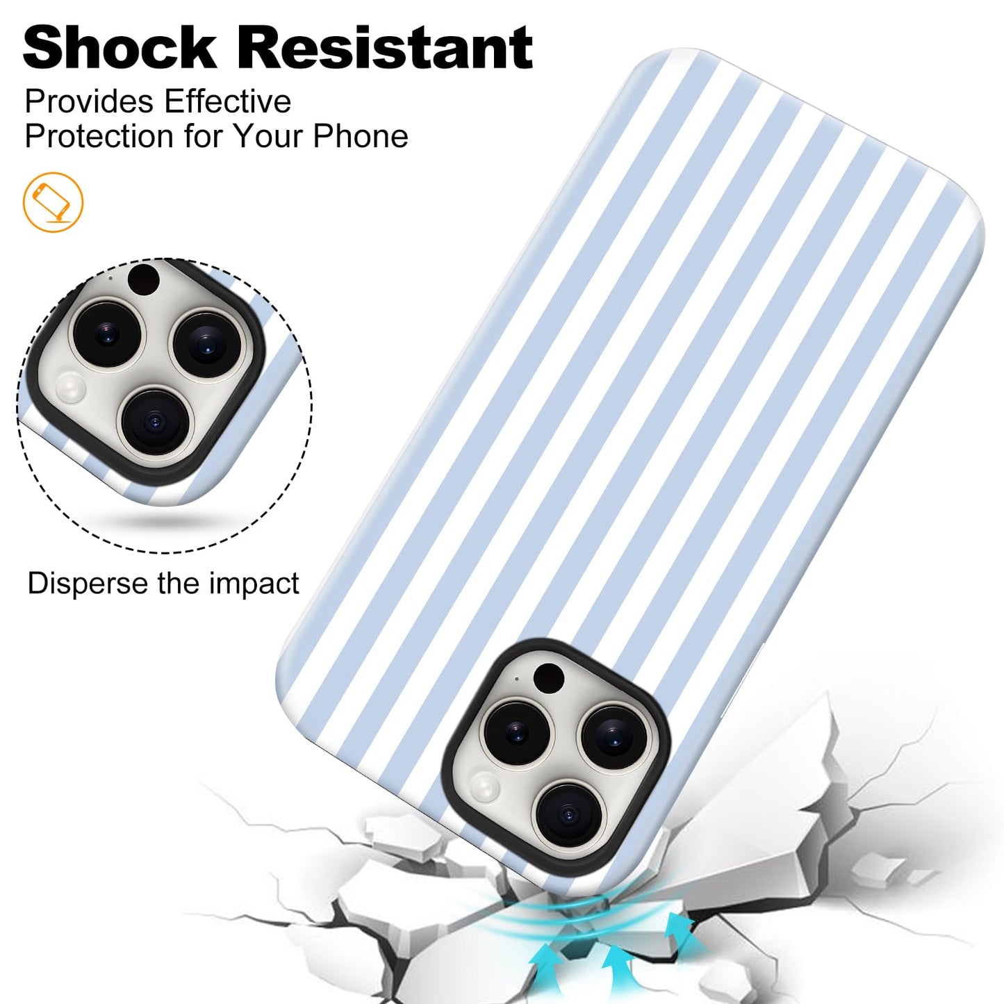 flewfun Magnetic for iPhone 16 Pro Max Case Cute Stripes Phone Case, Shockproof Slim TPU and Hard PC Protective Phone Cover Compatible with MagSafe Designed for Women Girls, Blue and White