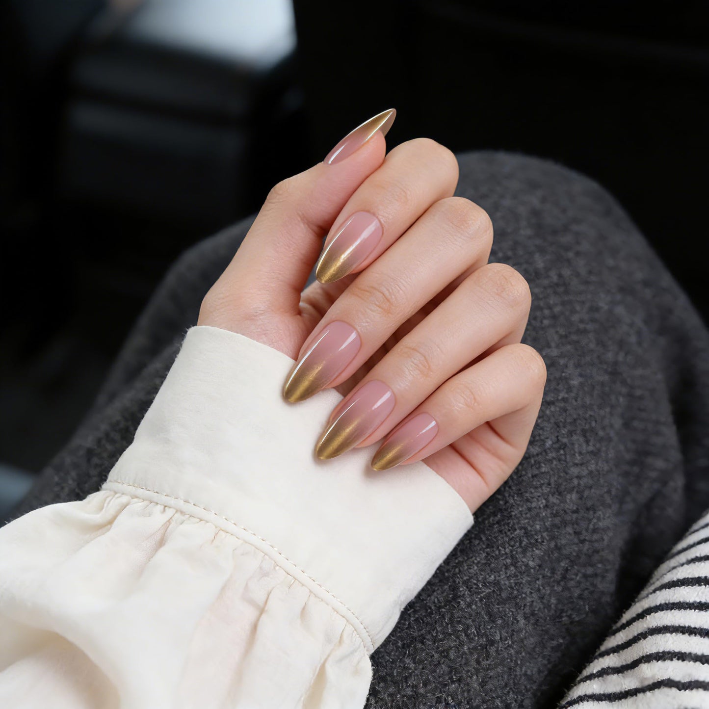Goolich Gold Chrome French Tip Press On Nails Medium Almond, Sheer Pink Nails Press ons Set with Adhesive Tabs, 24 Pcs 12 Size Reusable Full Cover Glue on Nails for Women