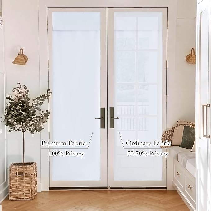 RYB HOME 100% Blackout French Door Curtains - Privacy Self-Adhesive Window Tie up Shades for Sidelight Door Window Bedroom Office, W12 x L40 inches, 1 Panel, White