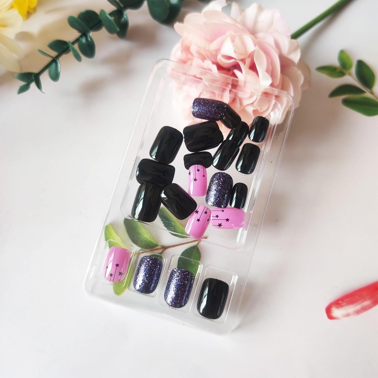 24 Pcs Stars Press on Nails HZJXRT Short Square Fake Nails Glossy Purple Glitter Acrylic False Nail Starry Sky Stick on Nail Clean Glue on Artificial Fingernails for Coquette Women Gift