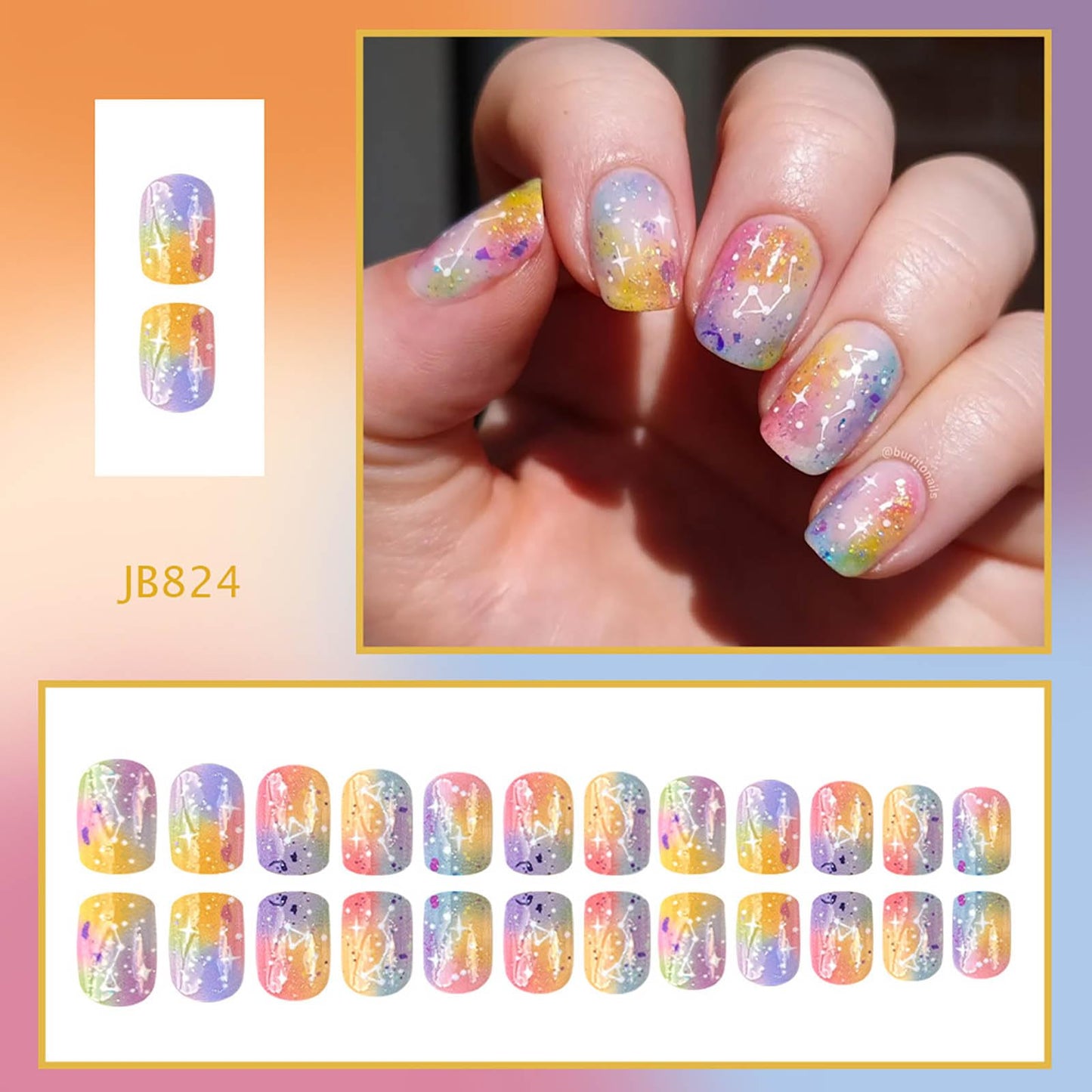 Colorful Press on Nails Short Square Fake Nails Full Cover False Nails with Gradient Designs Acrylic Nails Reusable Glue on Nail for Women 24Pcs