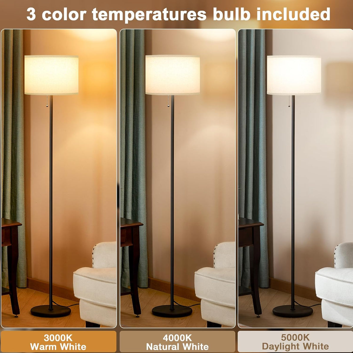 Ambimall Floor Lamps for Living Room with 3 Color Temperatures Bulb & Pull Chain Switch, 60" Modern Standing Floor Lamp for Bedroom Kids Room Study Room（Dark Beige Shade & Black Pole）