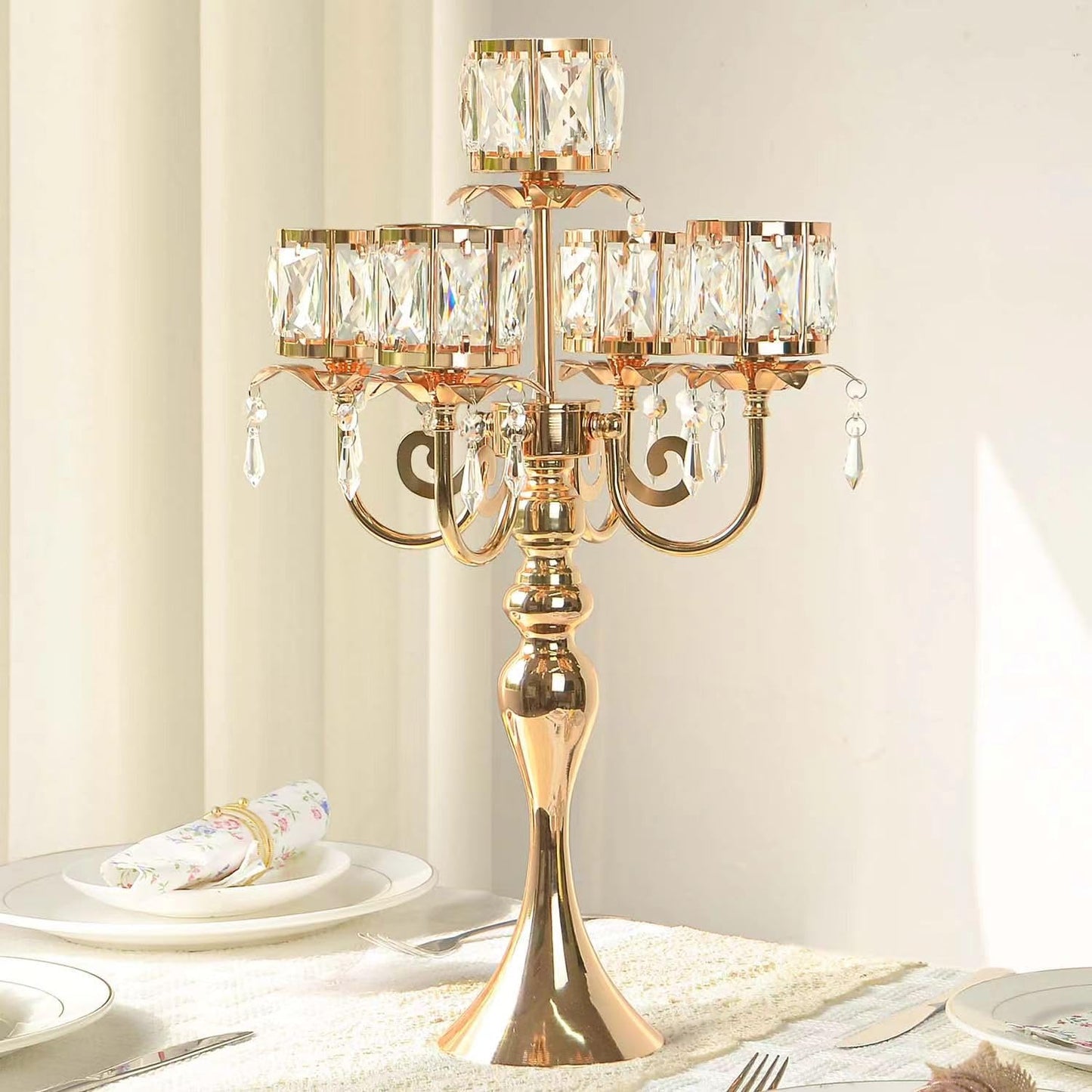 2 Pcs Kehail Gold 5 Arm Pendant Square Crystal Table Decor 22 inch Candle Holder, Classic and Elegant Table Centerpiece Atmosphere Candle Holders for Gift Wedding Party Home Decor
