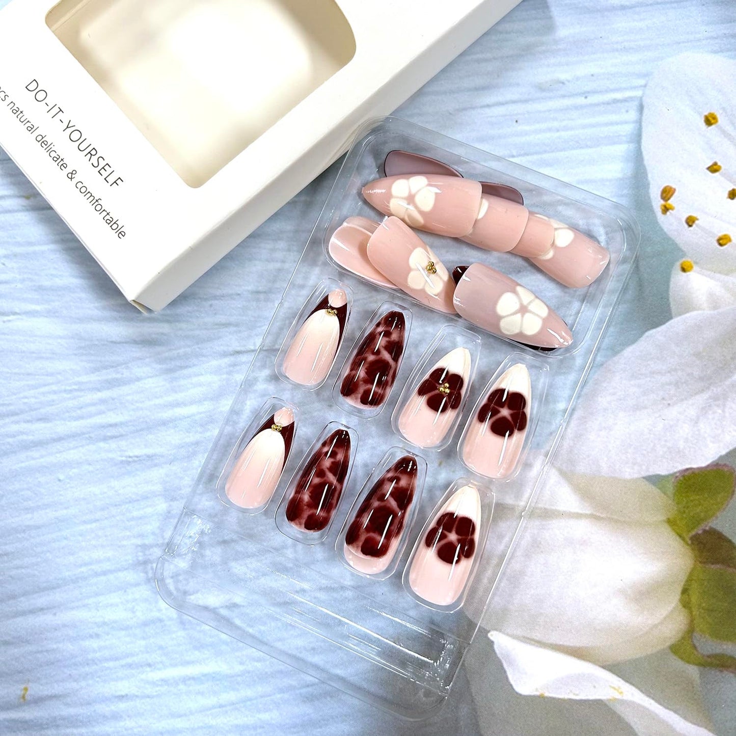Leopard Press on Medium Length Flower French False Nails - Dark Brown Coffin Full Cover Artificial Acrylic Almond Stick on DIY Glossy Glue on for Women - Manicure Kit 24Pcs
