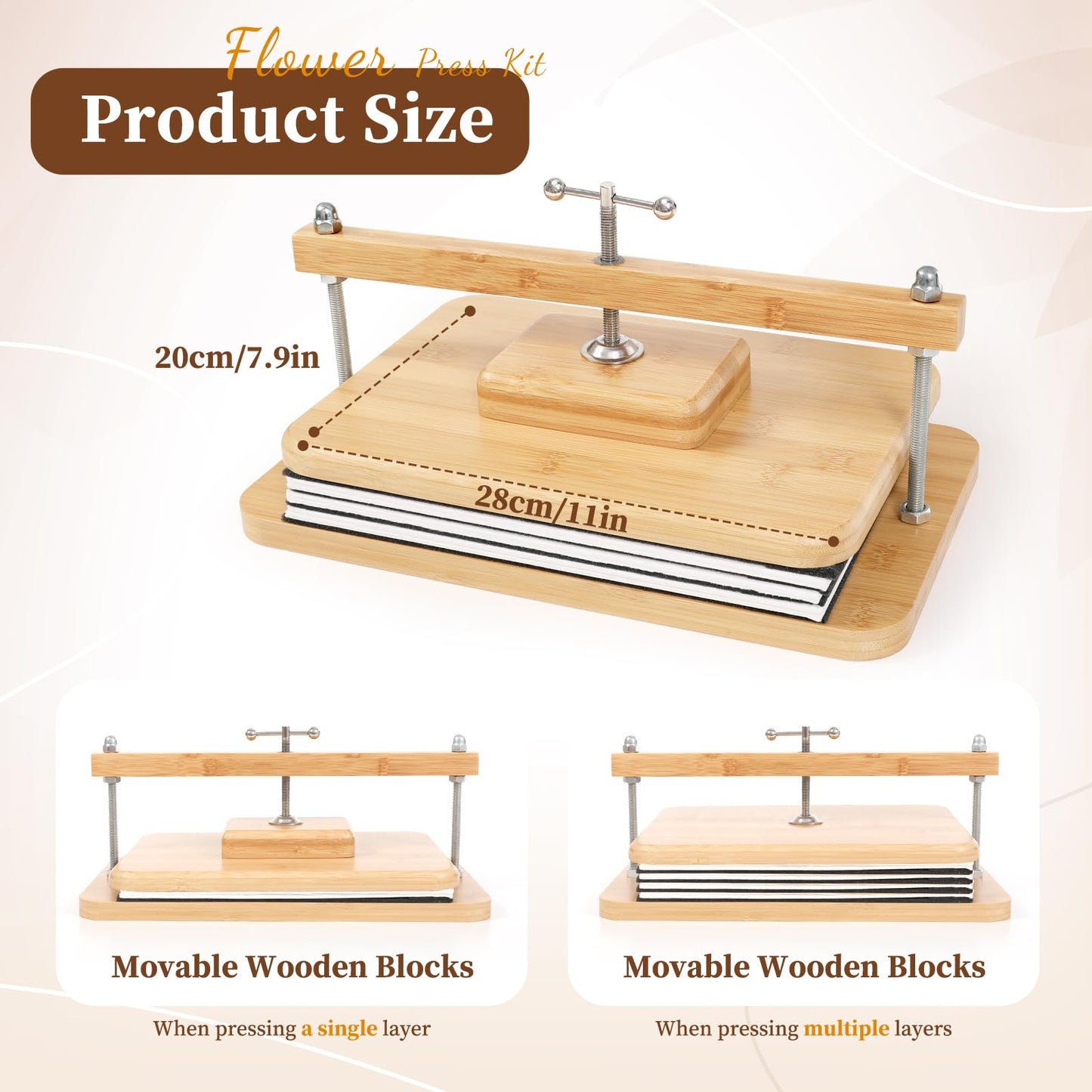 JFNoraiva Flower Press Kit,11 * 7.9 in Large Leaf Plant & Flower Press, Portable Bamboo Wooden Flower Preservation Kit, Includes Drying Plate & Lining Paper