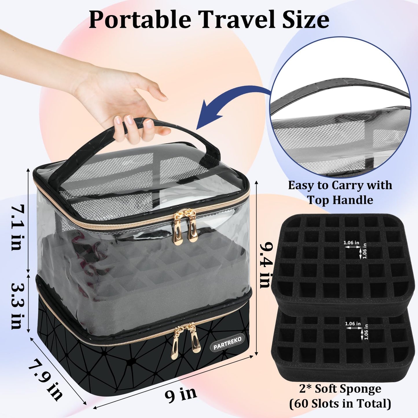 Partreko Clear Nail Polish Organizer Holds 60 Bottles (15ml/0.5fl.oz)& Nail Lamp, Double Layer Nail Supplies Organizer Case Transparent, PU Leather Nail kit Storage Bag for Manicure Tools (Black)