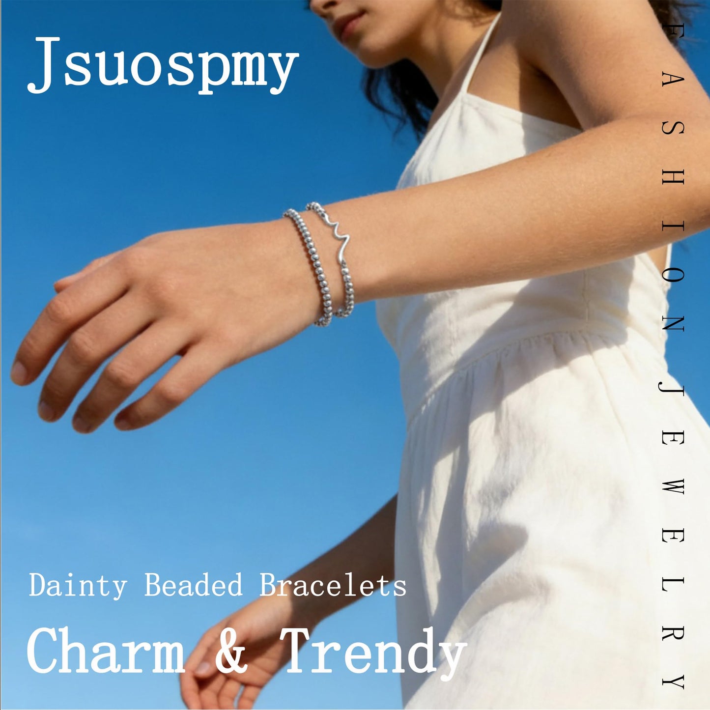Jsuospmy Silver Beaded Bracelets for Women 14K Silver Wave Bracelet Handmade Stackable Bracelets for Women Trendy Non Tarnish Bracelet Jewelry Gift for Womens 2Pcs (10.Wave+Beaded (Silver))