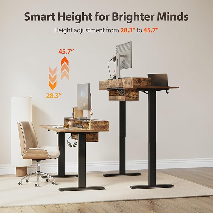 Agilestic Glass Standing Desk with Storage, 48 Inch Electric Adjustable Desk with Glass Shelf and Cable Management, Sit Stand Up Home Office Computer Table, Splice Board, Rustic Brown