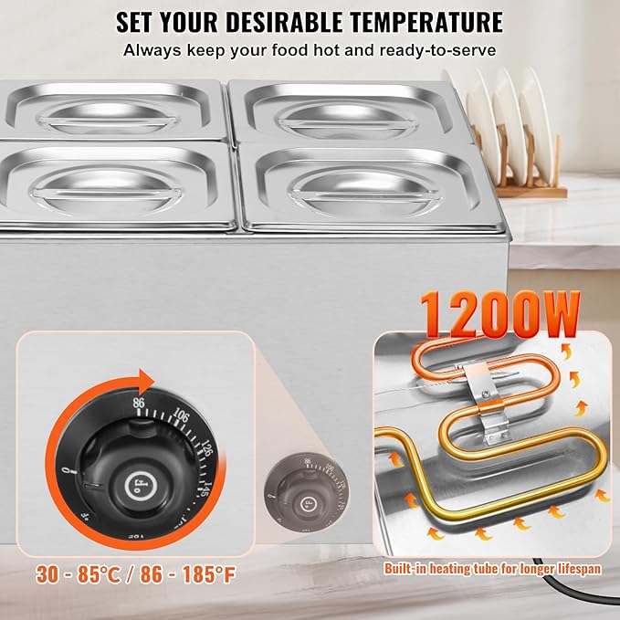 VEVOR 6-Pan Commercial Food Warmer, 14.3QT Electric Steam Table, 1200W Professional Countertop Stainless Steel Buffet Bain Marie with 86-185°F Temp Control for Catering and Restaurants, Silver