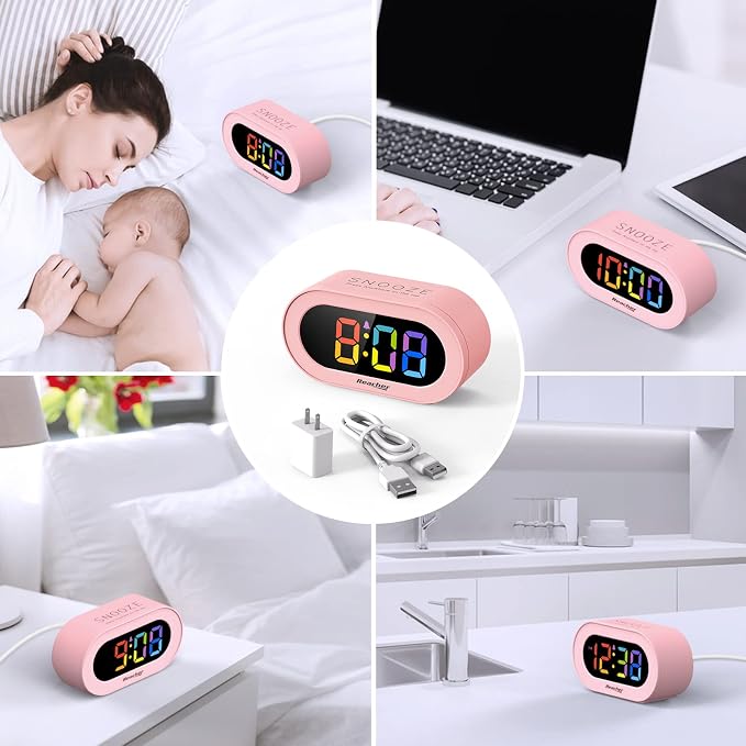 REACHER Pink Colorful LED Digital Alarm Clock with USB Charger