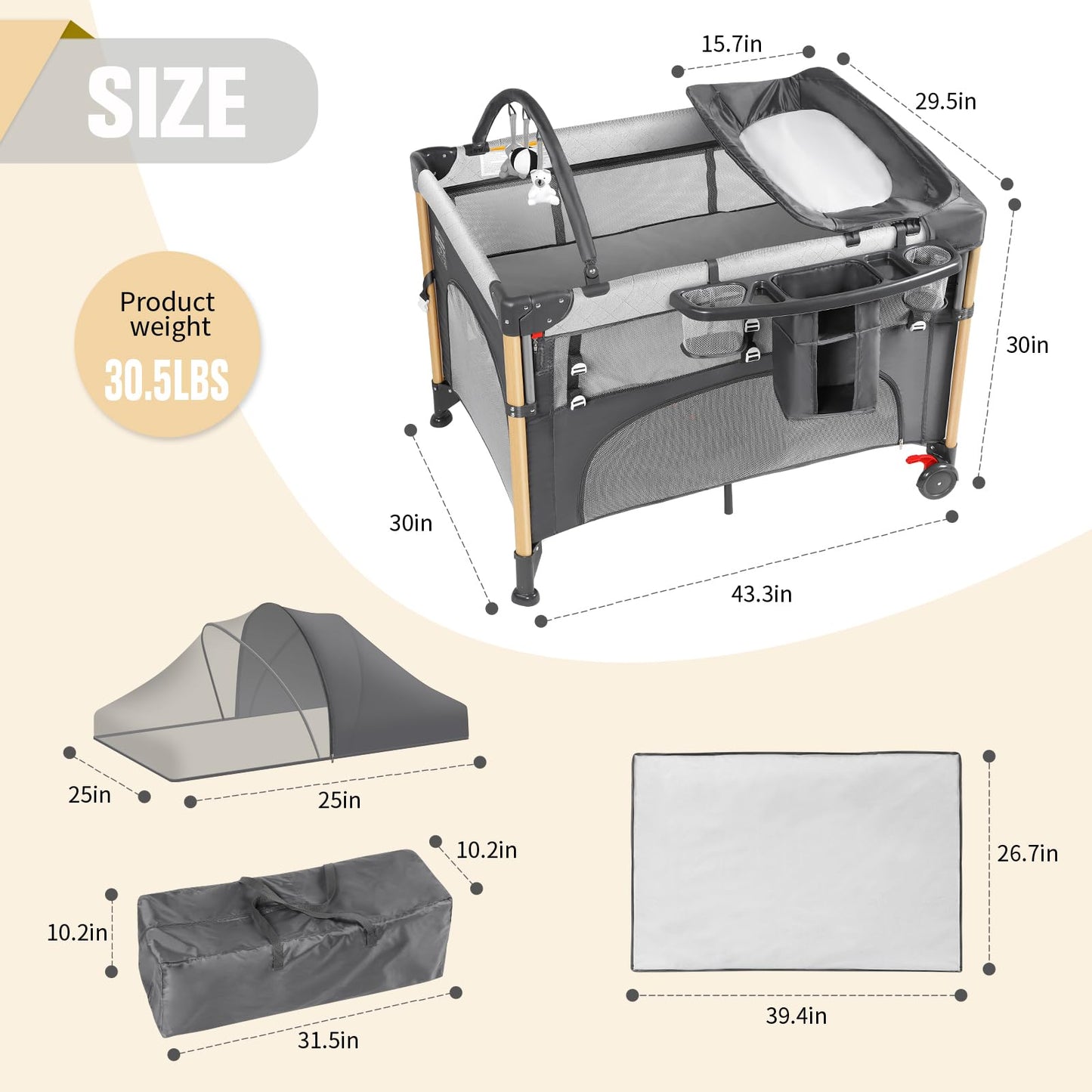 Baby Bassinet 5 in 1 Pack and Play,Baby Crib Adjustable Beside Sleeper One-Second &One-Hand Setup,Portable Playard Foldable Playpen for Newborn,Babies and Toddlers with Changing Table,Mattress (Grey)