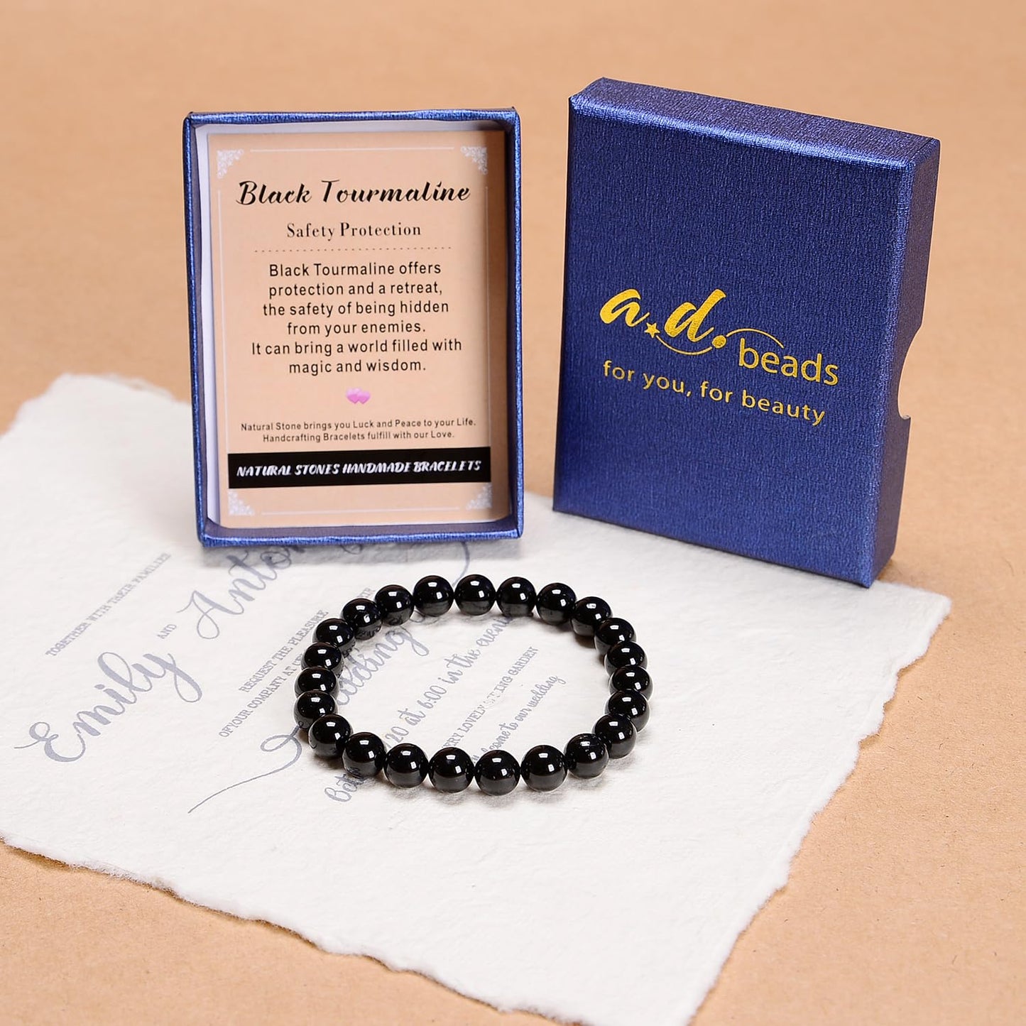 AD Beads Handmade Gemstone Stretch Elastic Bracelet Crystal Healing Reiki Nature's Beauty and Spiritual Essence Unisex (8mm, Black Tourmaline (Best Protection))