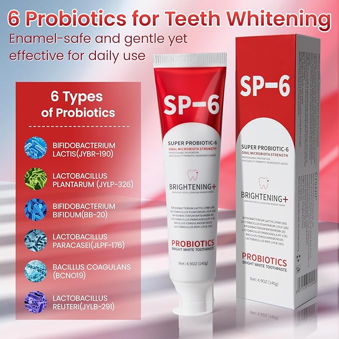 SP-6 Probiotic Whitening Toothpaste, SP-6 Probiotic Toothpaste, Enhanced Formula with 6 Probiotics for Teeth Whitening/Brightening, Enamel-Safe, Fluoride-Free, Fresh Mint Flavor, 4.9oz (1)