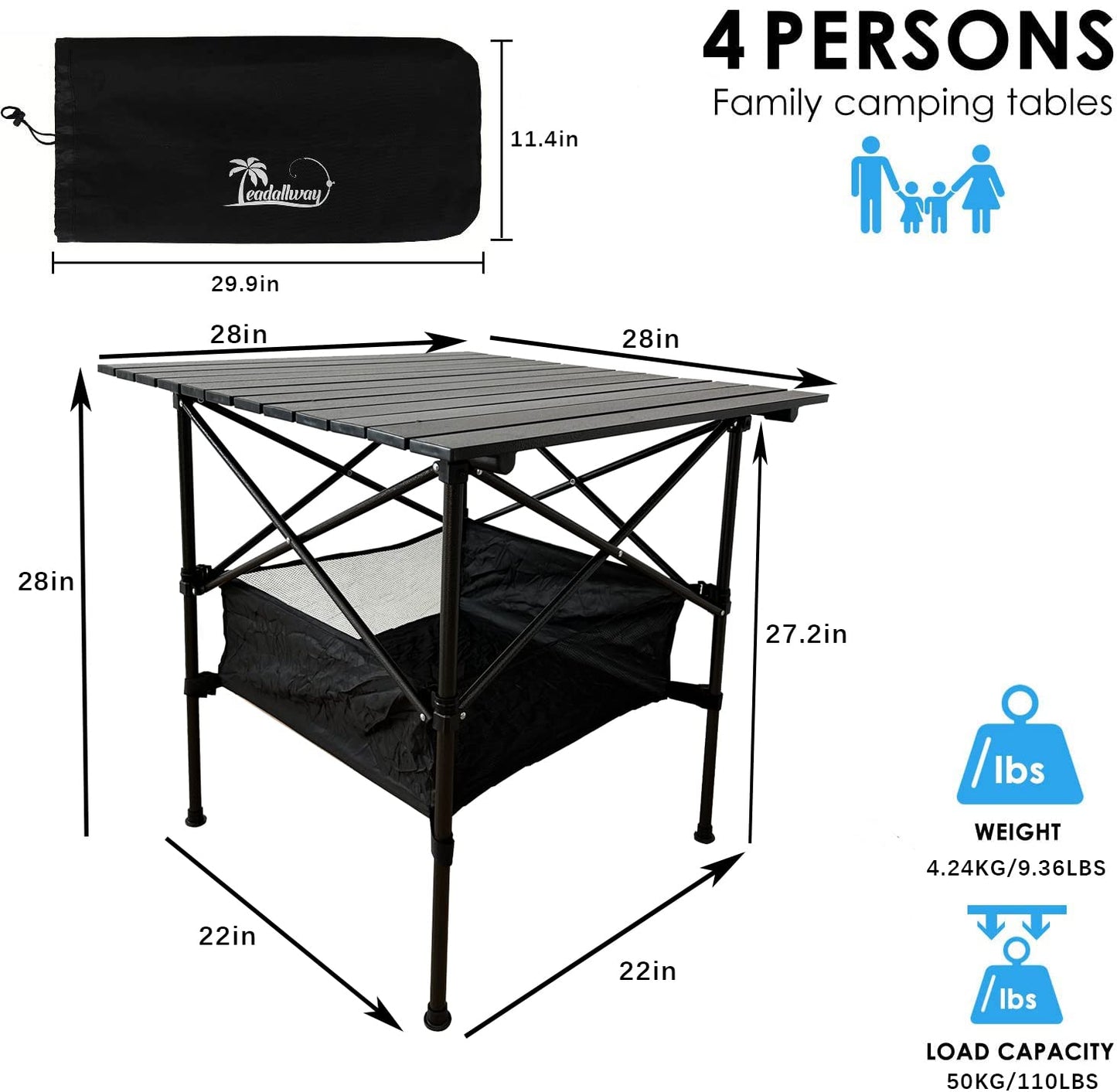 LEADALLWAY Folding Camping Table with Large Storage and Carrying Bags,28x28x28inchs