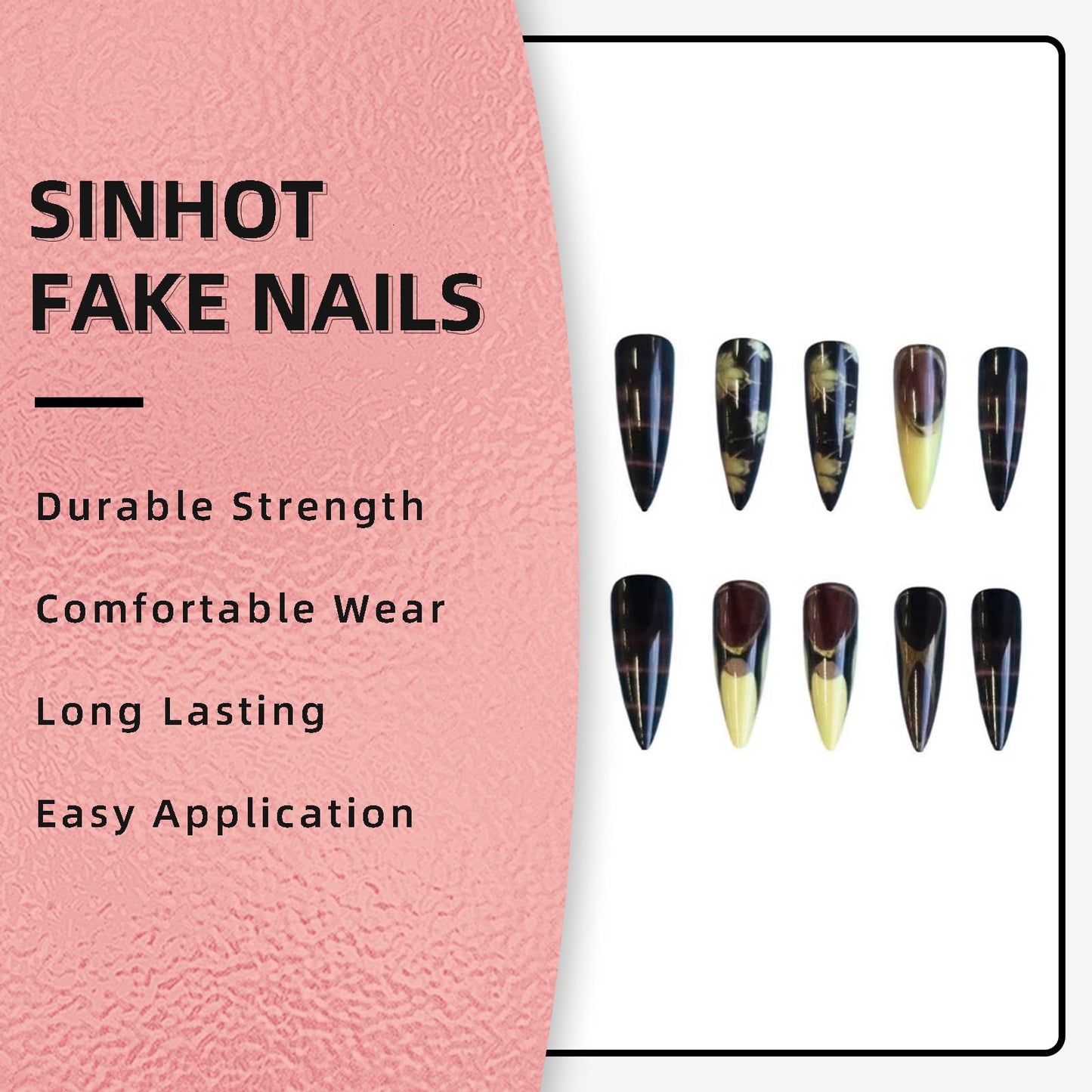 SINHOT Stiletto Press on Nails - Long Fake Nails, Glossy Finish, Brown Yellow French Tip & Gold Chrome, Reusable Artificial False Nail Art - 24 Pcs Nail Kit with Glue