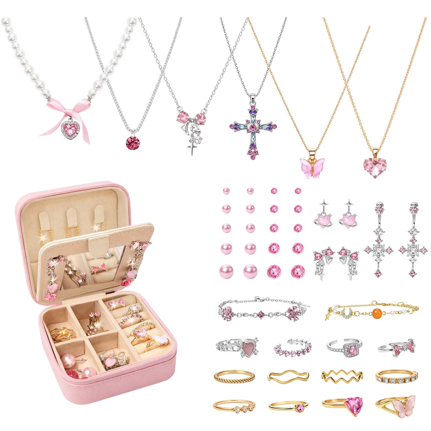 SMUOBT Jewelry Box with Jewelry Set for Women Men - Multi-Layer Organizer Storage Case with Mirror, Necklace Bracelet Hoop/Stud Earrings Rings Gift Set for Her Him, Unique Birthday Party Gift