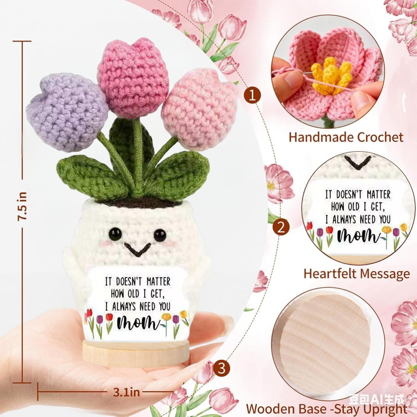 Stadamkup Handmade Crochet Tulip Table Decor, Knitted Artificial Flower Desktop Ornament, Boho Home Desk Decoration, Handcrafted Gift for Mother’s Day Birthday Housewarming