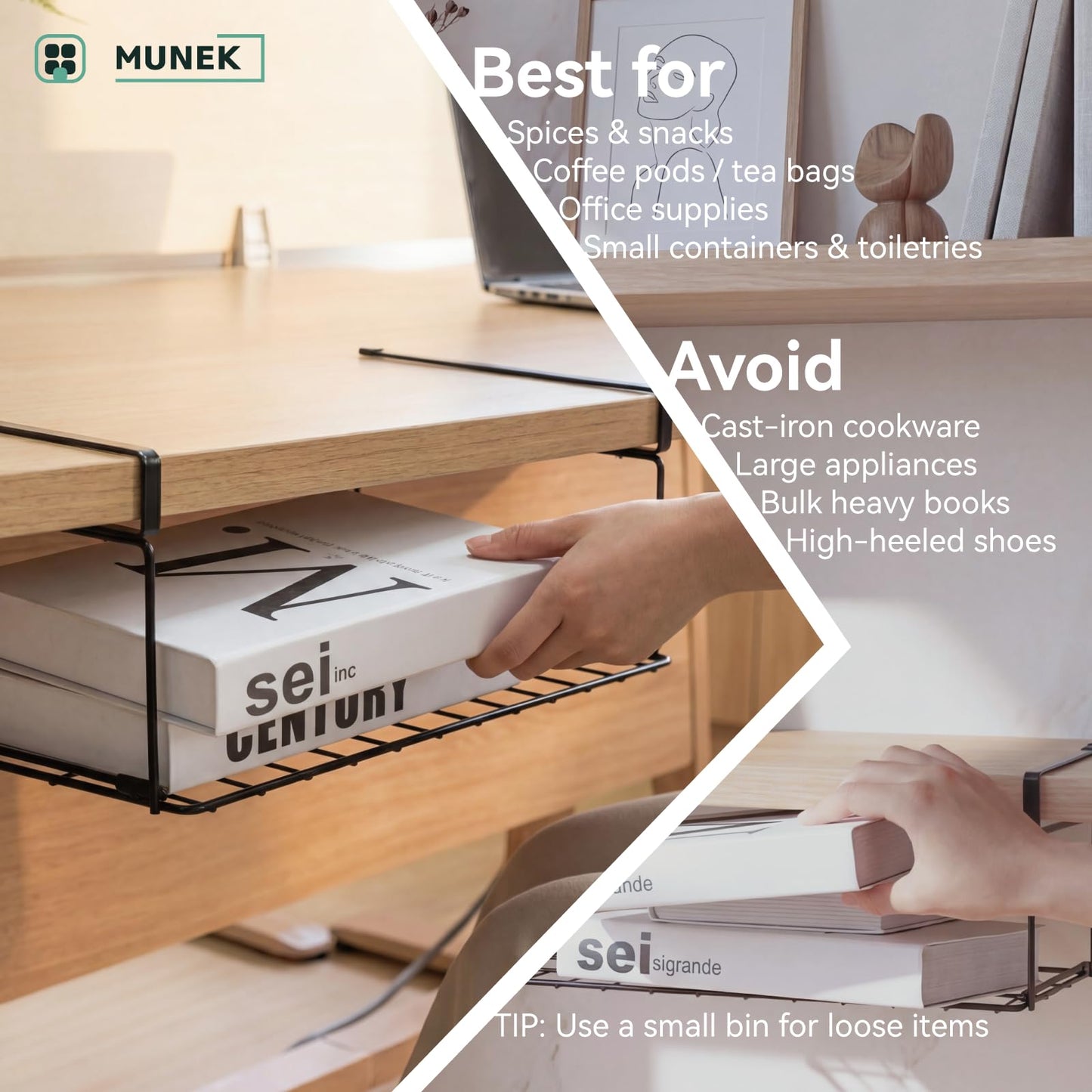 MUNEK Under Shelf Basket Storage Black 2 Pack Space-Saving with Extra Layer Lightweight & Quick to Install Non-Slip16.1" D x 8.46" W