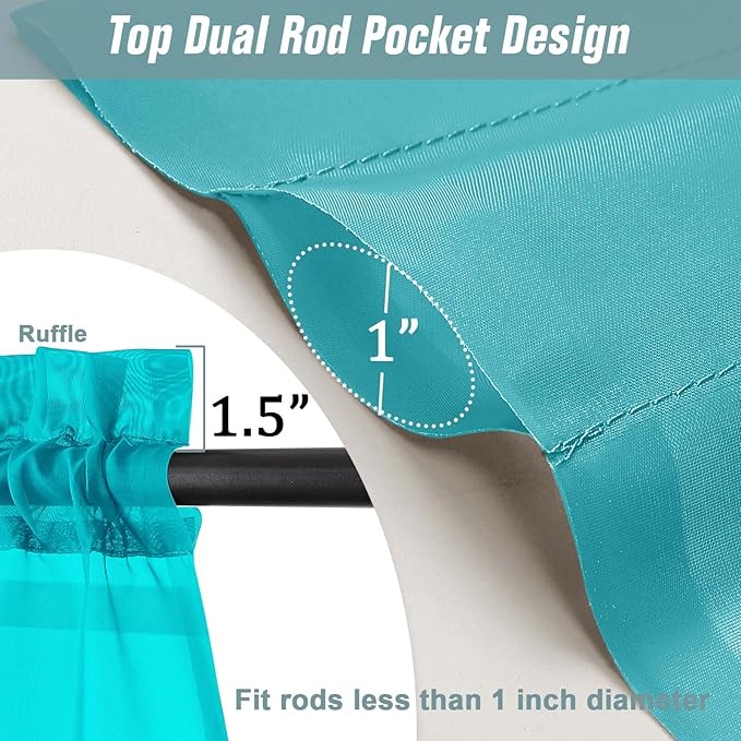 Turquoise Sheer Curtains for Window 72 inches Long 2 Panels Set, Soft Airy Modern Light Filtering Sheer Curtains for Living Room Bedroom, Dual Rod Pocket Solid Window Drapes, 2x42Wx72L inches