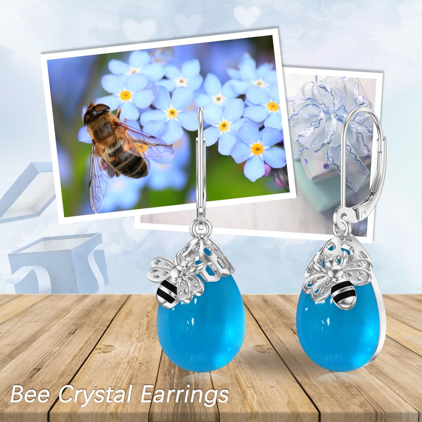 TIGERRIDER Bee 925 Sterling Silver French Clasp Earrings Blue Crystal Pendant Jewelry Gift for Women
