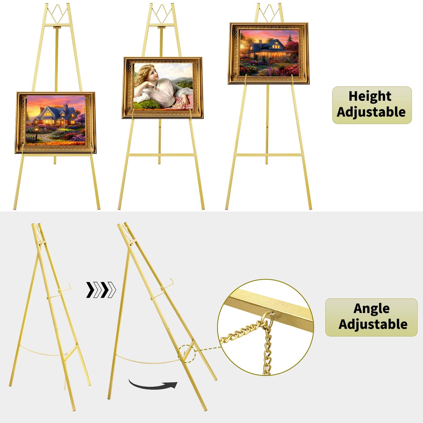 GRENTY 57.5" Gold Easel Stand for Wedding Sign, Heavy Duty Metal Display Stand, 4-Tier Height Adjustable Easel for Art, Paintings, Welcome Signs, Posters, and Décor, Simply Assembly Required