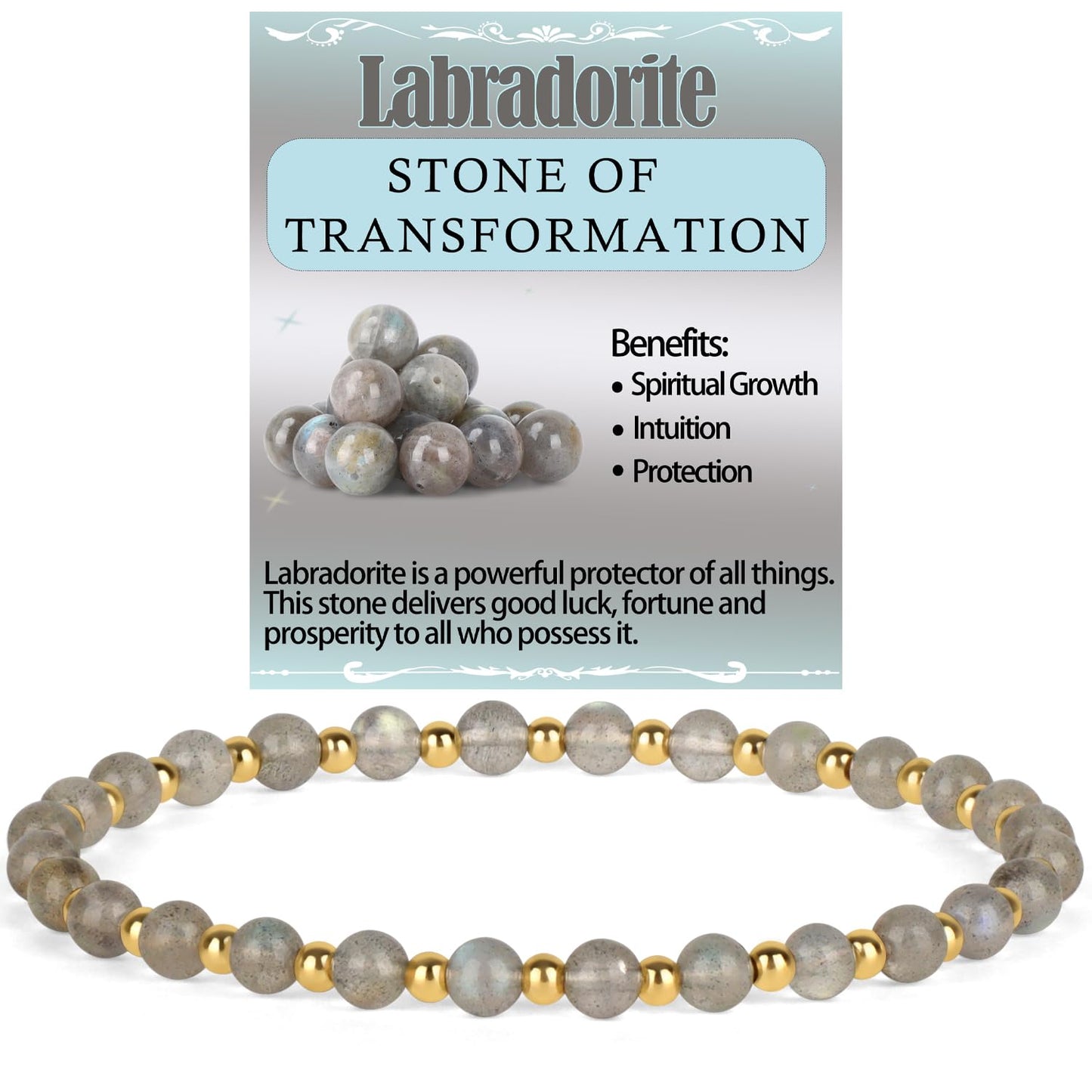 QOGIR Labradorite - Stone of Transformation - 14K Gold Plated Beads Natural Gemstone Stretch Elastic Dainty Healing Beaded Bracelets Gifts 4mm