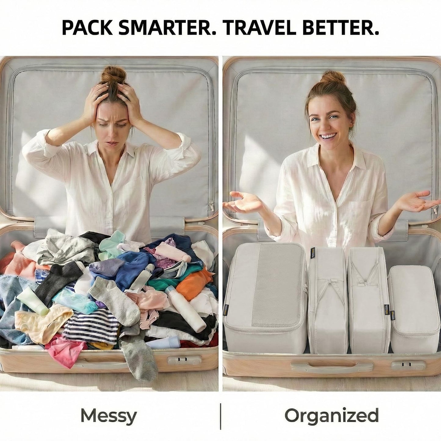 SOARSAIL 4 Piece Compression Packing Cubes for 3–7 Day Travel, Lightweight Travel Organizers with Breathable Mesh, Double-Zipper Packing Cubes for Carry-On & Suitcases (Off White)