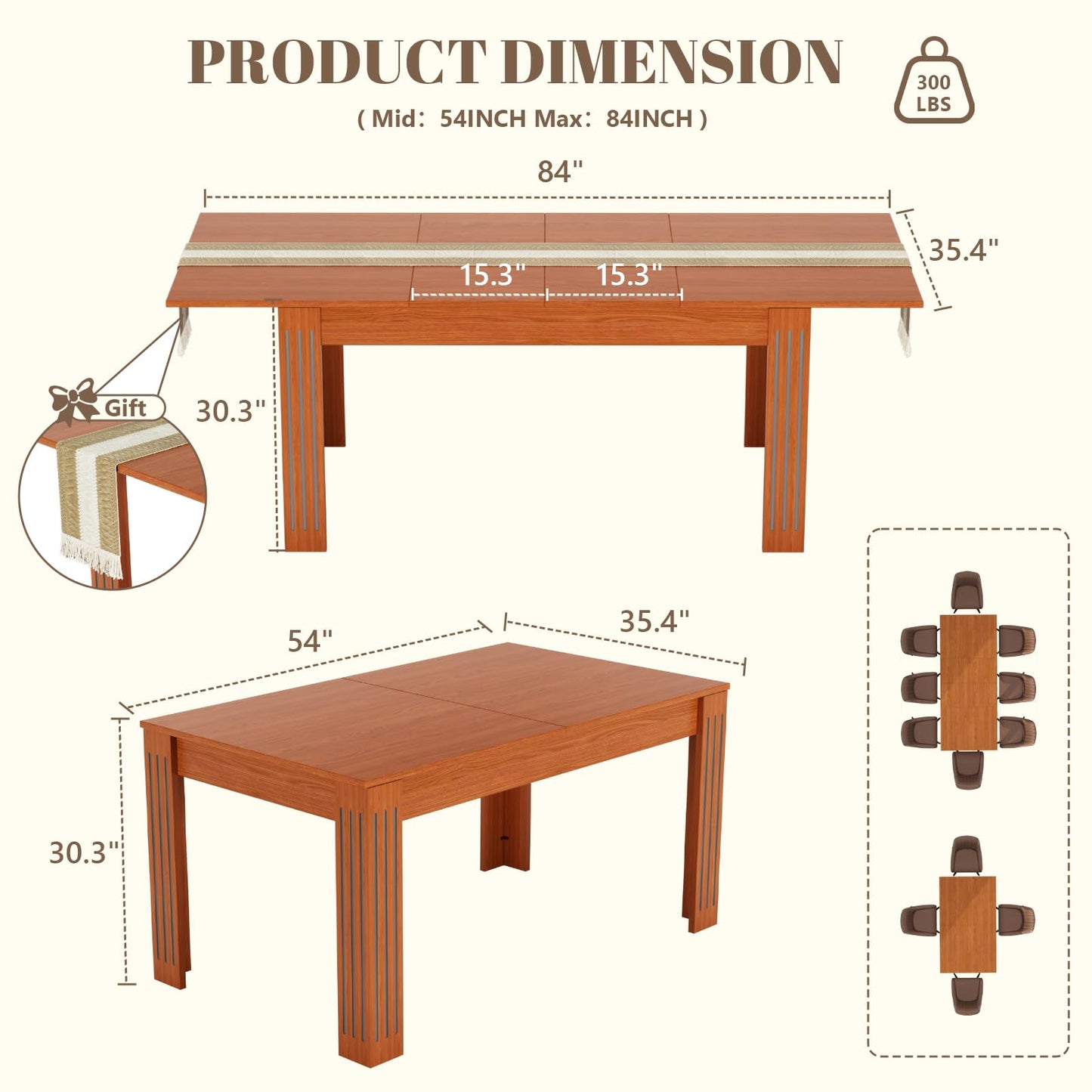 Extendable Dining Table, 54-85 Inch Expandable Table for 4-10 People, Modern Rectangular Dining Table, Space-Saving for Kitchen & Dining Room