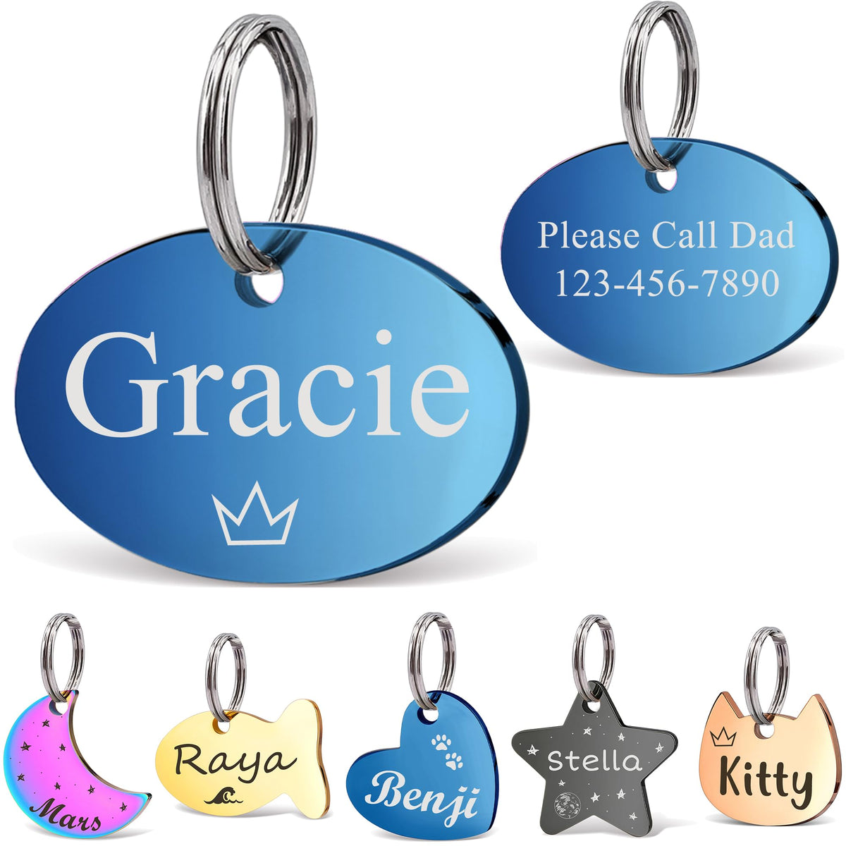 Anavia Small Size Dog Cat ID Tags, Small/XS Personalized Color Plated Stainless Steel Puppy Kitten Name Tags, Customized Engraved Nameplate Pet Collar Tag (Blue, Star)