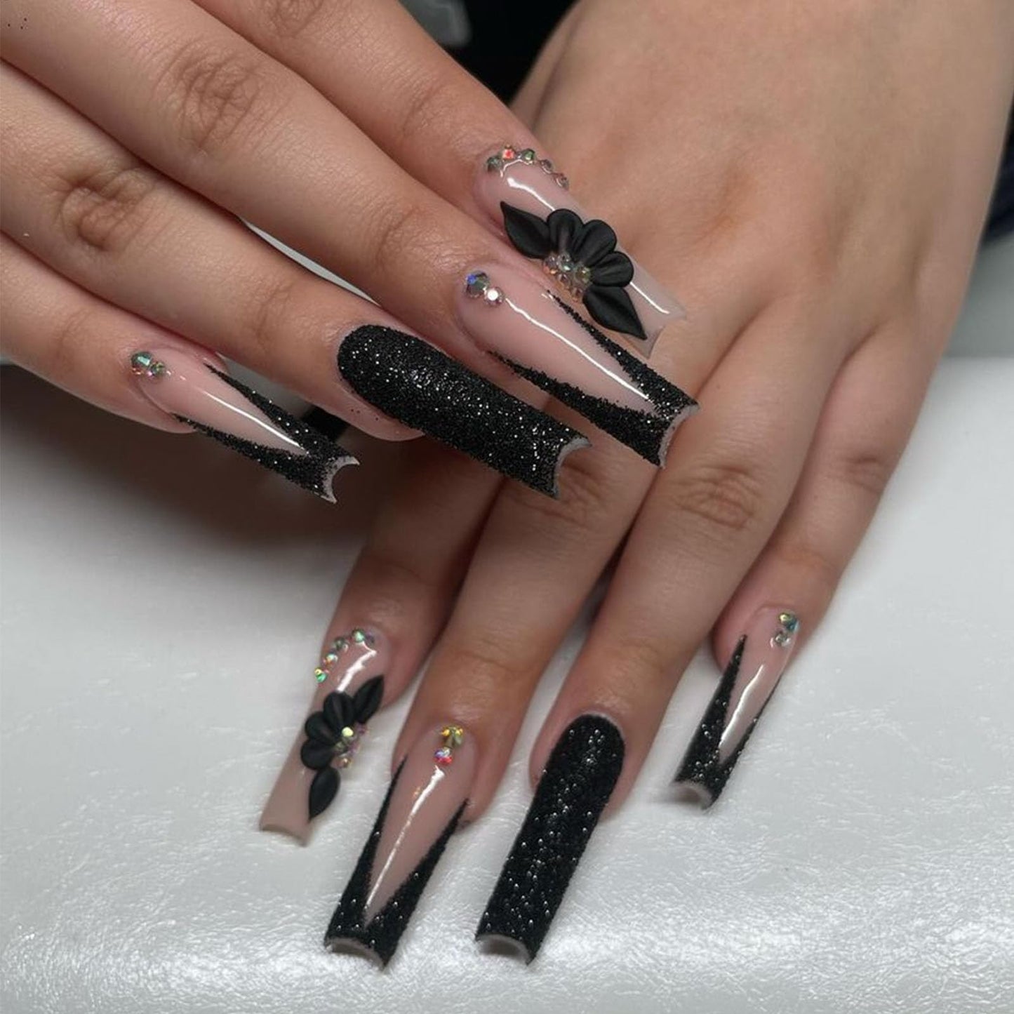 IMSOHOT Press on Nails Long Square Fake Nails Black French False Nail Tips Glossy Acrylic Full Cover Rhinestones Glitter Glue on Nails for Women 24Pcs
