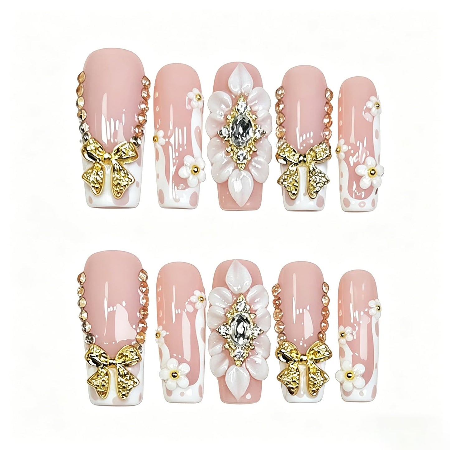 Exylixor Handmade Press on Nails Long Square - Luxury Gold Bow & 3D Blooming Flower Fake Nails, Amber Jewelry Bead Chain False Nails, 10 Pack for Women (Size M)