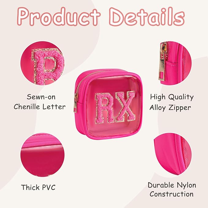 Small Chenille Letter Clear Medicine Makeup Bags,Nylon PVC Waterproof Rx Pouch with Metal Zipper, Cute Drug First Aid Travel Organizer for Women Girls(02Hot Pink)