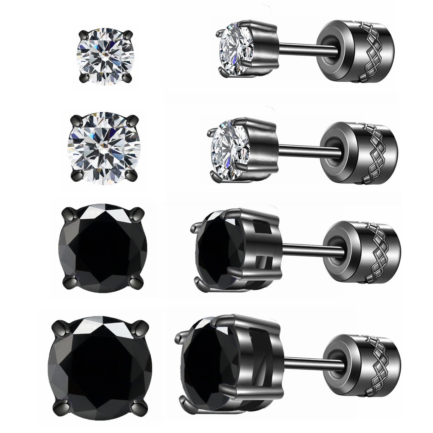 Hopply 4 Pairs Titanium Screw Back Surgical Stainless Steel Earrings for Women Men,Rainbow 5A Cubic Zirconia Studs Double Side Earrings Piercing Sleeper Jewelry 6mm (Silver/Black CZ 3-6mm)