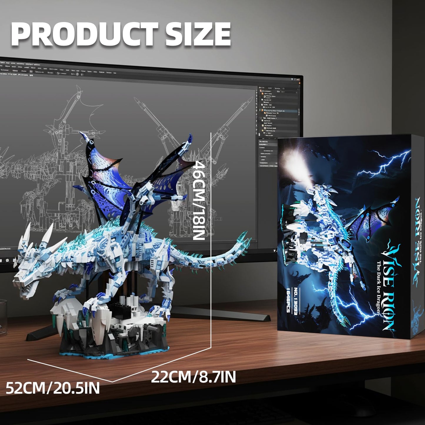 Myth Qholve Mechanical Dark Ice Dragon Building Block Set with Hand Crank Motion Movable Head, Wings & Limbs Fantasy Dragon Model Kit for Teens & Adults
