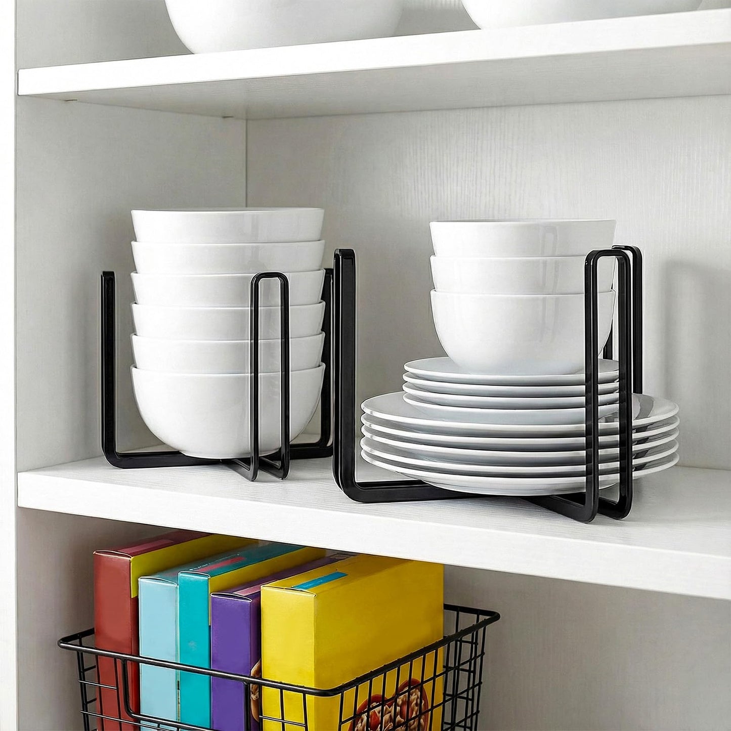 AOZUO 4 Pcs Dinnerware Bowl Plate Holder Fit for 4.7 and 6.5 Inches Diameters Bowl, Metal Bowls Storage Dying Display Rack Bowls Holder Organizer for Kitchen Drawer Countertop Cabinet Cupboard Shelf