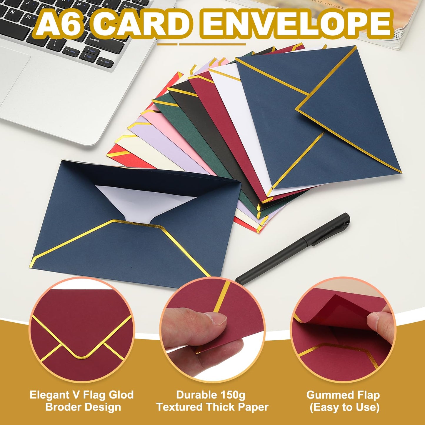 PATIKIL 100 Pack A6 Envelopes, 4x6 Card V Flap Envelope Round Edge Small Valentine Envelopes Self Seal with Gold Border for Office Wedding Card Invitations Graduation Party Gift, Black