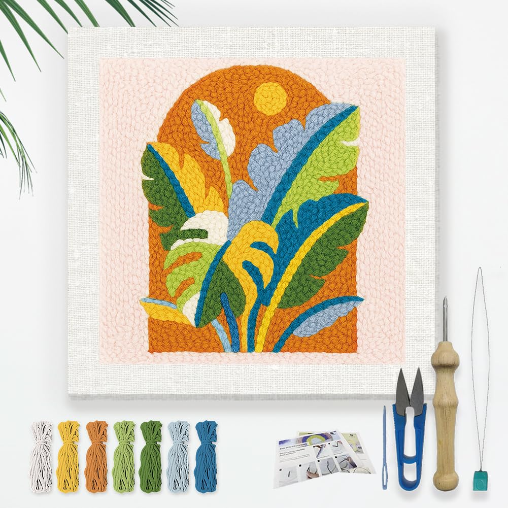 DOODLREAM Monstera Deliciosa DIY Punch Needle Embroidery Kit for Adult Beginner, 9.4" Tropical Plant Punch Stitching Craft Set for Starter with Frame, Fabric Pattern, Threader, Yarn, Punch Needle