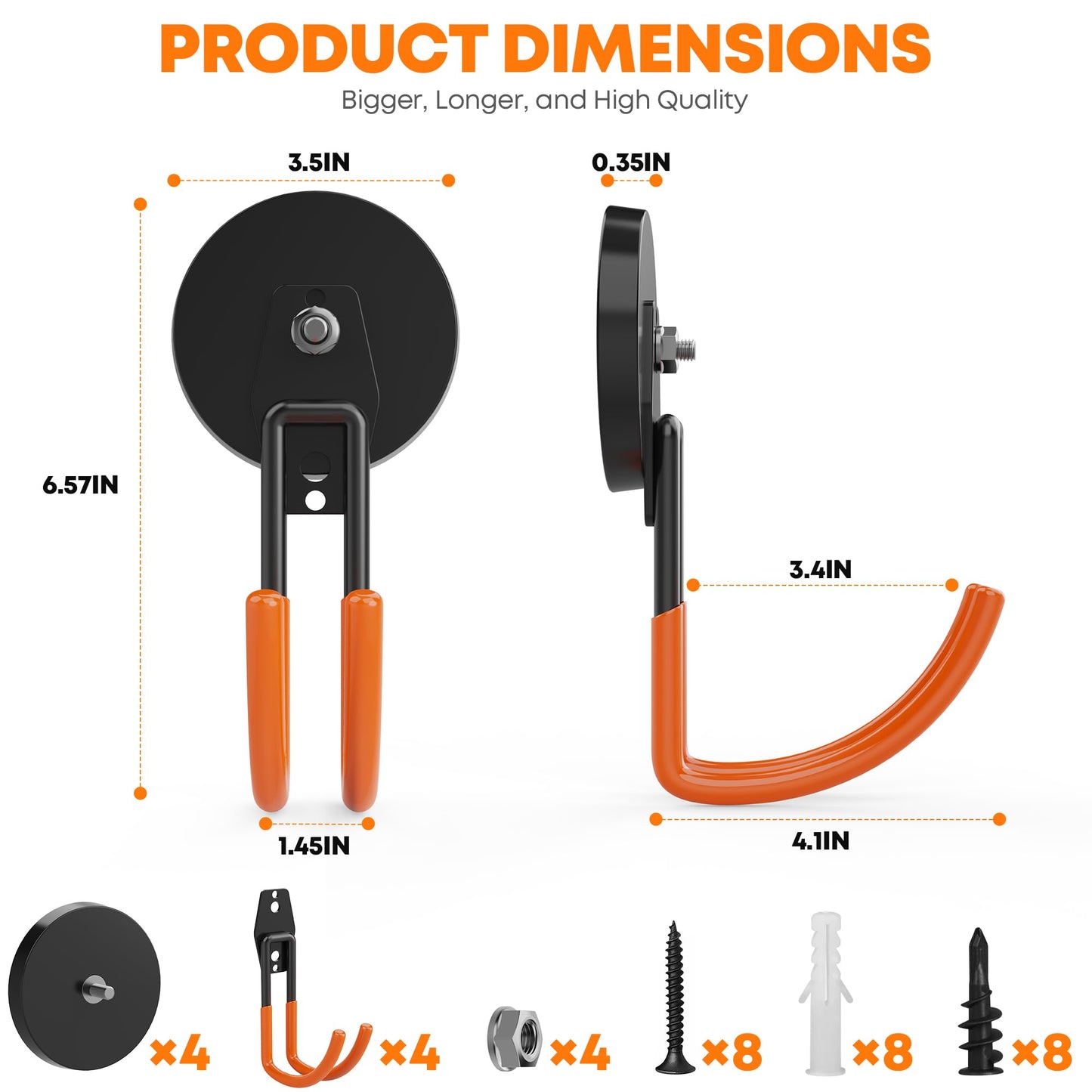 Heavy Duty Magnetic Hooks, Magnetic Utility Hooks for Garden Tools, Toolbox, Shovel, Broom, Extension Cord, Extra Large Magnet Hooks for Indoor Outdoor Hanging(4 Pcs 3.5in)