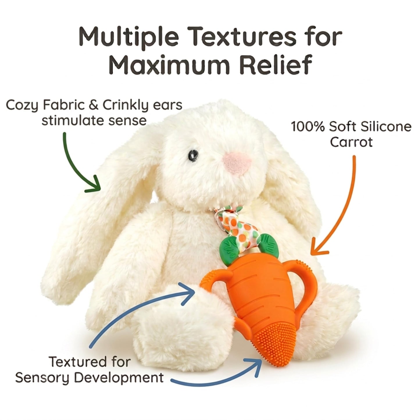 RaZbaby Bunny Snuggly w/Carrot Teething Relief Toy – Soothes Sore Gums w/Nature-Inspired Texture, 100% BPA-Free Silicone Teether, Soft Minky Stuffed Animal – All Ages