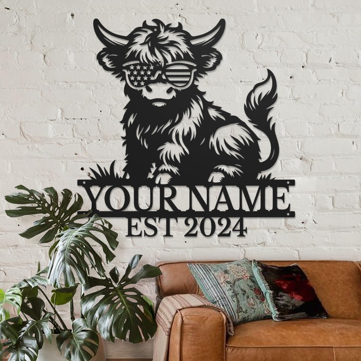 Personalized Highland Cow Name metal Signs,Custom Highland Cow Metal Shed Wall Decor,Black Metal Wall Art Plaques Outdoor wall Decorative Signage (Style C)