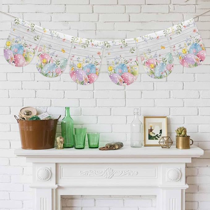 Easter Eggs Banner 3Pcs Indoor Outdoor Hanging Banner Flag Spring Daisy Eucalyptus Leaves Gray Wooden Sign for Fireplace Mantel Decorative Bunting Garland Valance for Shop Door Mantle Decor 9.8"x15.8"